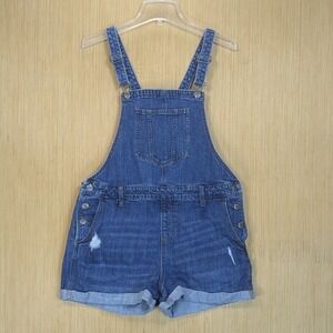 Old Navy Denim Shortall Overalls Distressed Blue Women's Large Micro Mini Casual